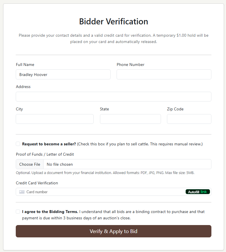 Screenshot of the user bid authorization  form