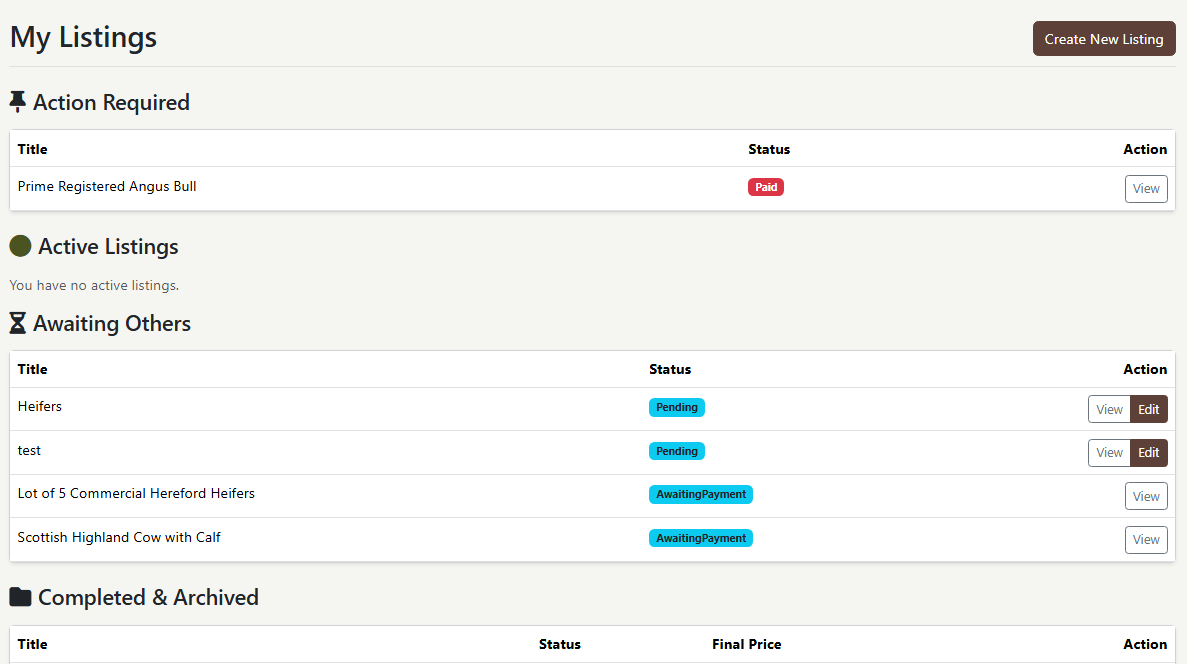 Screenshot of a sellers listings within the system  based on status.